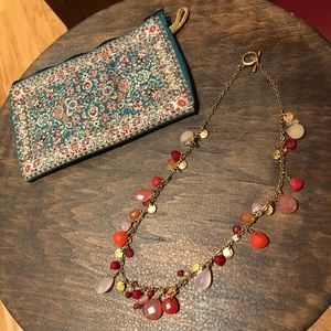 Multicolored gem and glass necklace with pouch